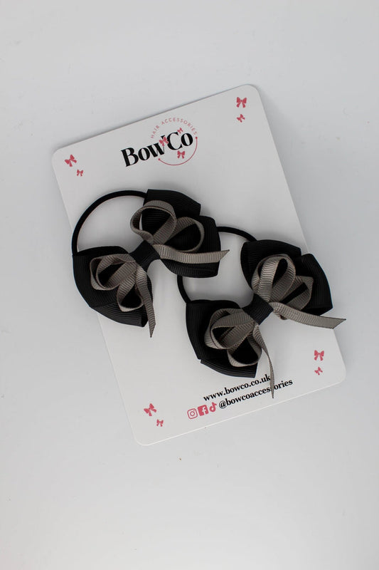 School Bows Black and Metal Grey - Double Bow Set - Elastic