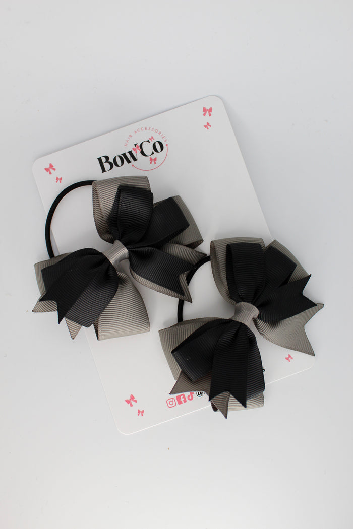 School Bows Black and Metal Grey - Double Tail Bow Set - Elastic