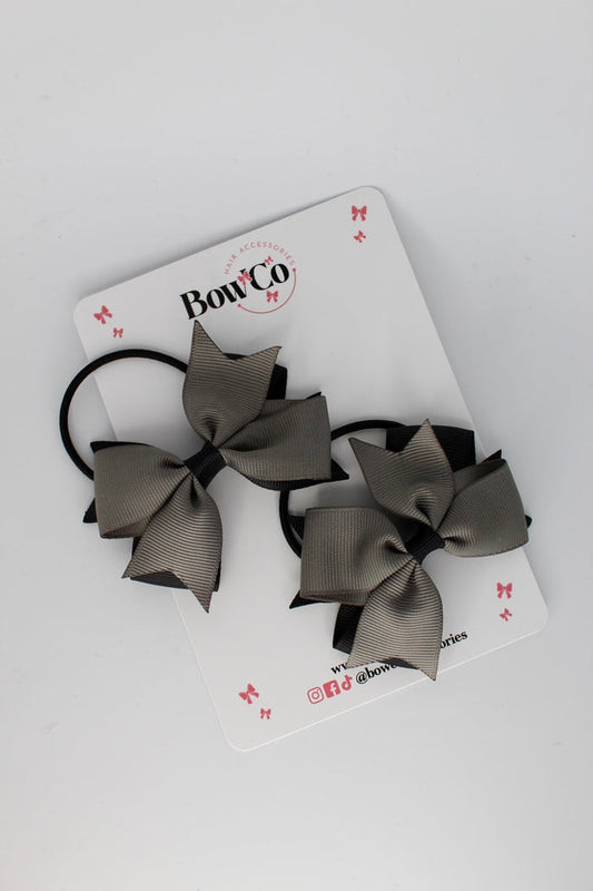 School Bows Black and Metal Grey - Layer Tail Bow Set - Elastic