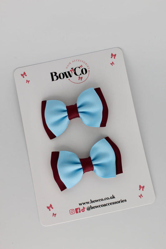 School Bows Burgundy and Blue Topaz - Double Bow Set - Clip