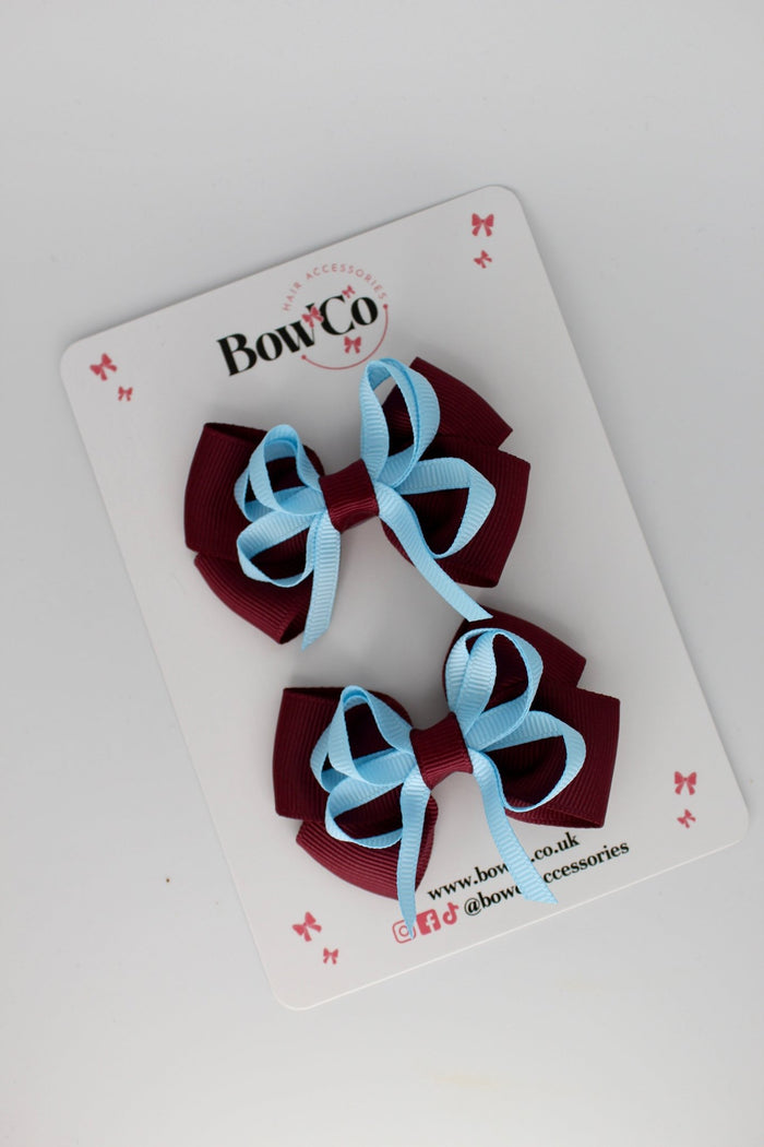 School Bows Burgundy and Blue Topaz - Double Bow Set - Clip