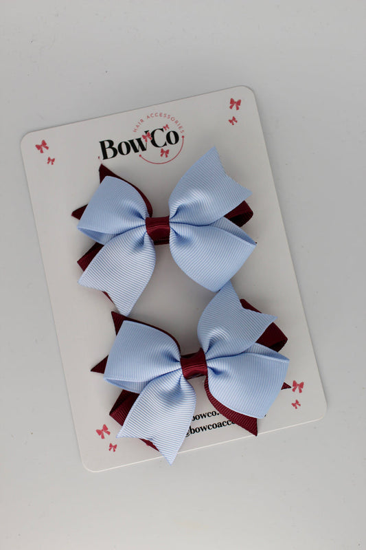 School Bows Burgundy and Bluebell - Layer Tail Bow Set - Clip