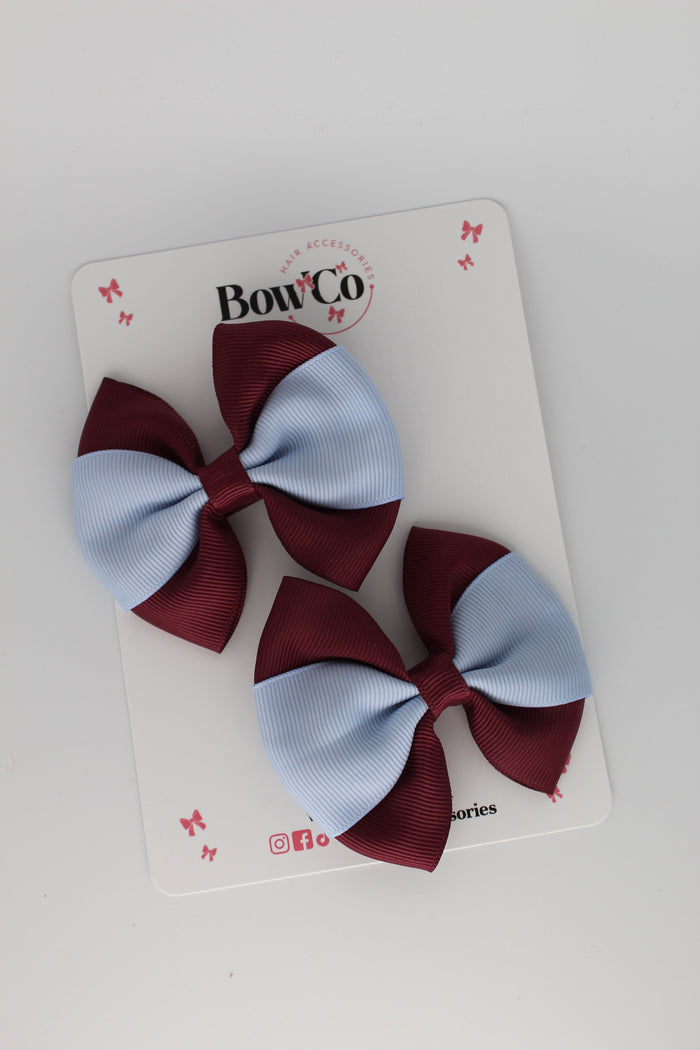 School Bows Burgundy and Bluebell - Round Tuxedo Bow Set - Clip