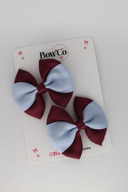 School Bows Burgundy and Bluebell - Round Tuxedo Bow Set - Clip