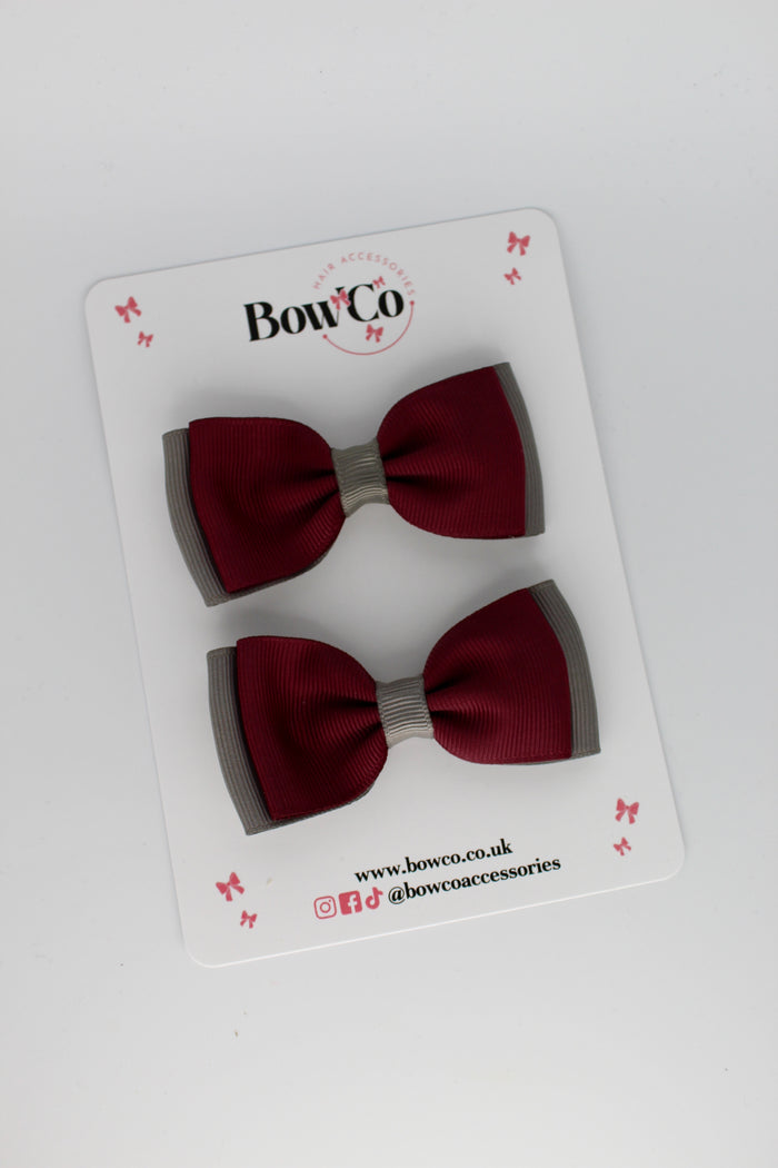 School Bows Burgundy and Metal Grey - Double Lapel Bow Set - Clip