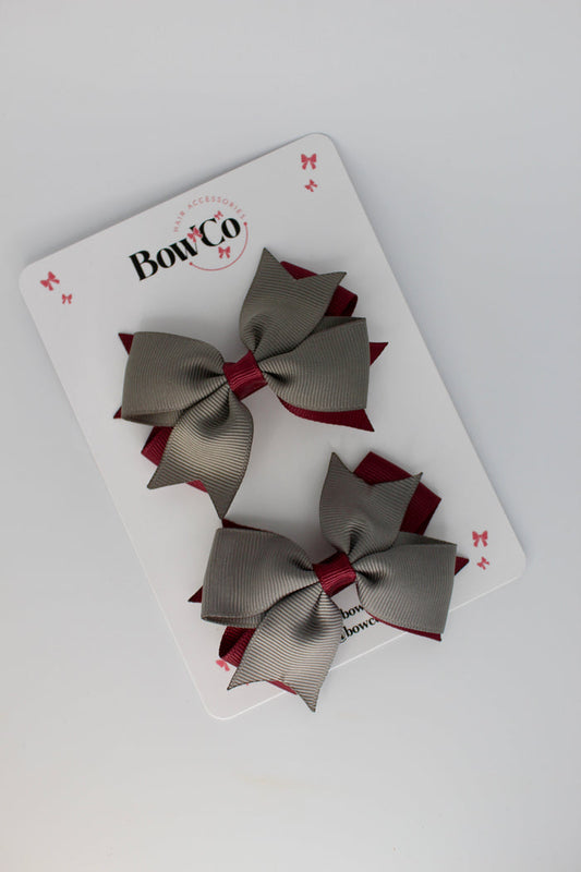 School Bows Burgundy and Metal Grey - Layer Tail Bow Set - Clip