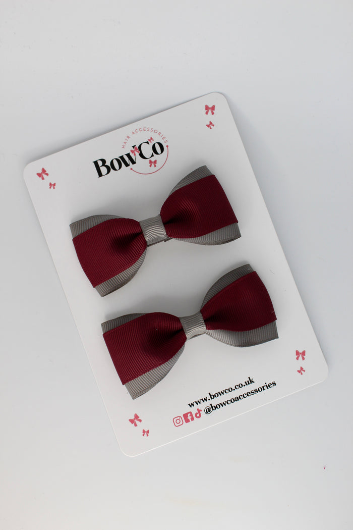 School Bows Burgundy and Metal Grey - Tuxedo Bow Set - Clip