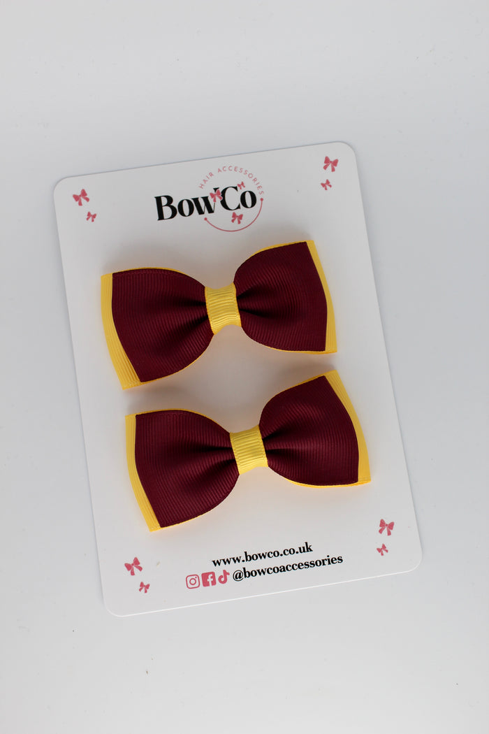 School Bows Burgundy and Yellow Gold - Double Lapel Bow Set - Clip