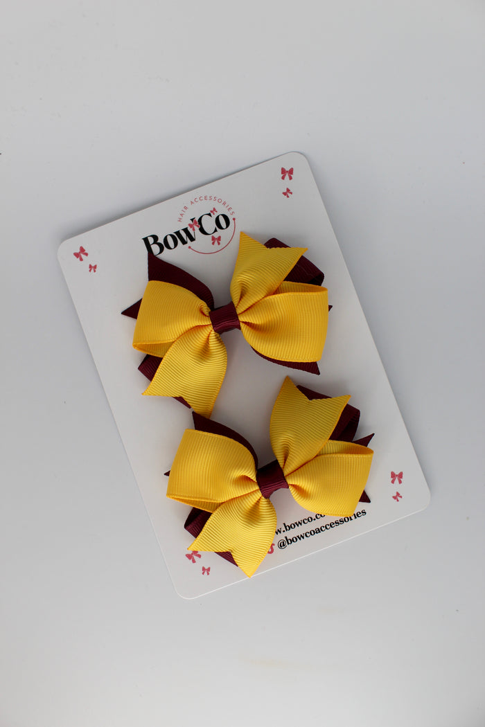 School Bows Burgundy and Yellow Gold - Layer Tail Bow Set - Clip