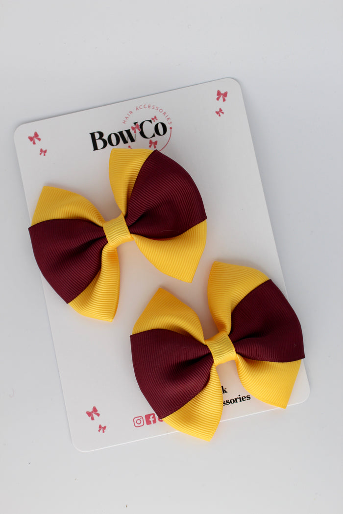 School Bows Burgundy and Yellow Gold - Round Tuxedo Bow Set - Clip