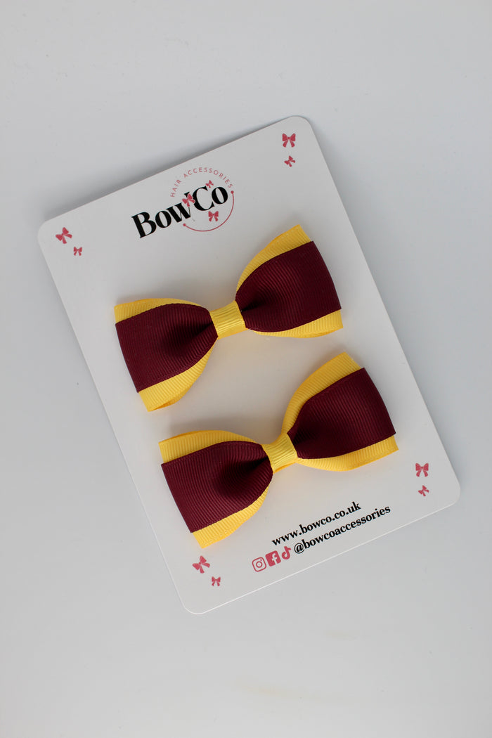 School Bows Burgundy and Yellow Gold - Tuxedo Bow Set - Clip