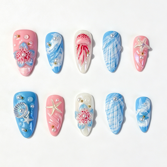 Medium Almond Press On Nails, Summer Ocean Jellyfish Starfish Shell Pearl Fake Nail Set