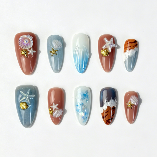Medium Almond Press On Nails, Summer Beach Wave Starfish Shell Pearl Fake Nail Set