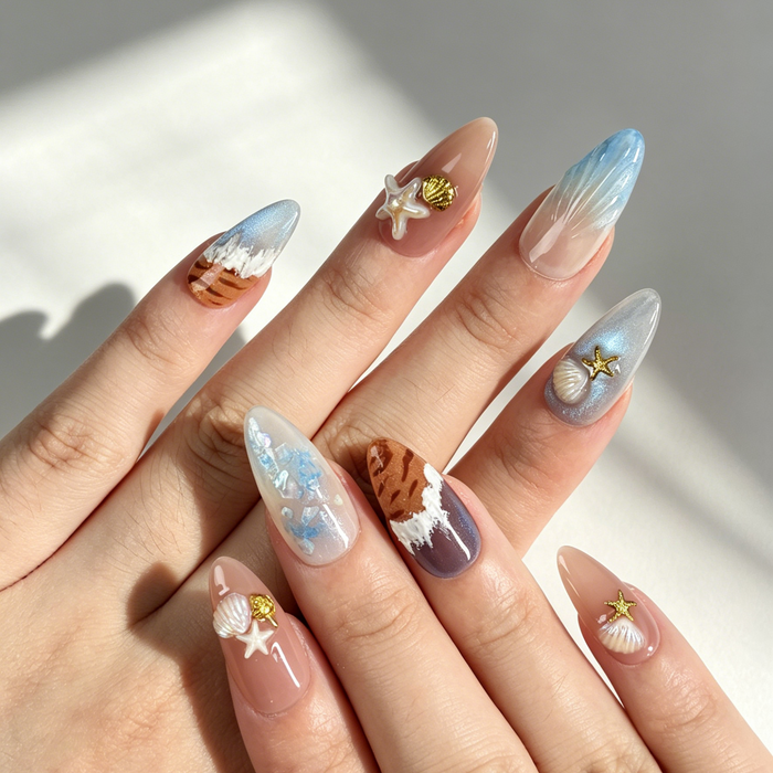 Close Up Beach Nail Art, 3D Starfish Shell Wave Blue Iridescent Foil Decor