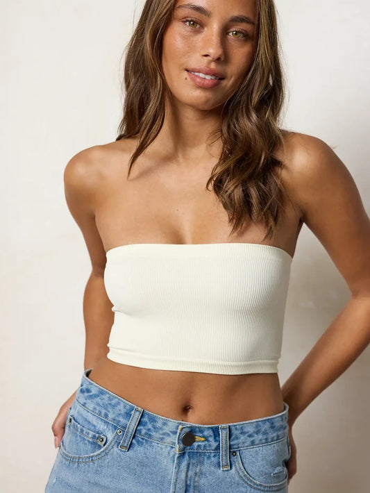 Seamless Ribbed Bandeau Top - Ivory-view 1