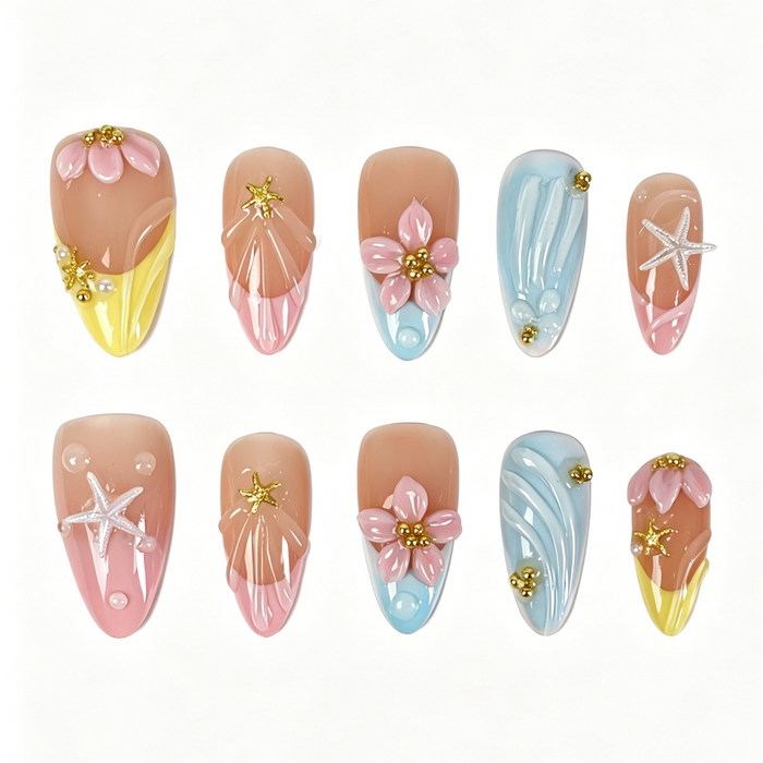 Medium Almond Press On Nails, Summer Beach 3D Flower Starfish Pearl Fake Nail Set