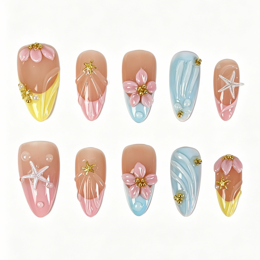Medium Almond Press On Nails, Summer Beach 3D Flower Starfish Pearl Fake Nail Set