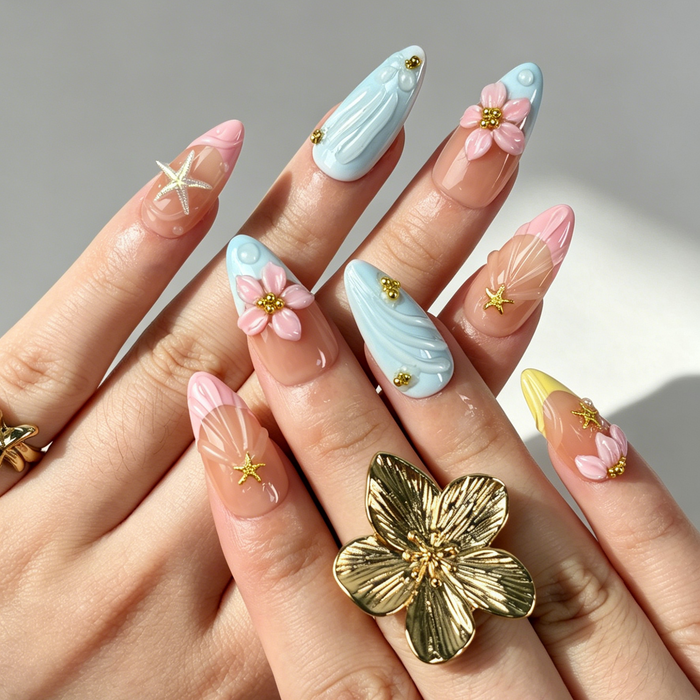 Pastel Beach Press On Nails, Nude Pink Blue Floral Starfish Nails on Hand