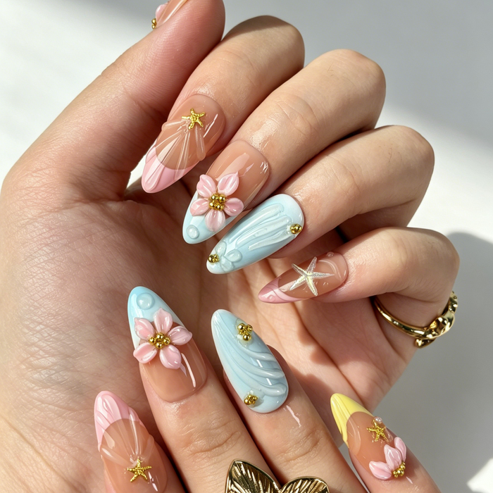 Close Up Ocean Nail Art, 3D Pink Flower Starfish Pearl Gold Decor
