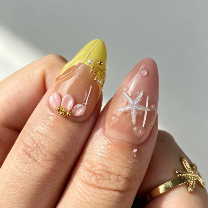 Cute Coastal Floral Press On Nails, Medium Almond Gradient Fake Nails