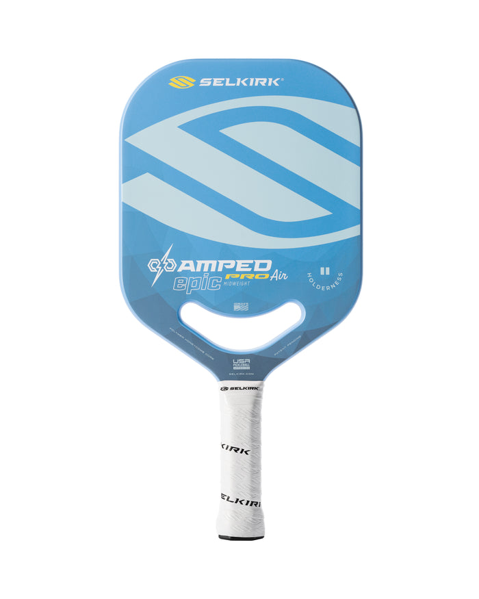 Holderness Family Selkirk AMPED Pro Air pickleball paddle in blue.