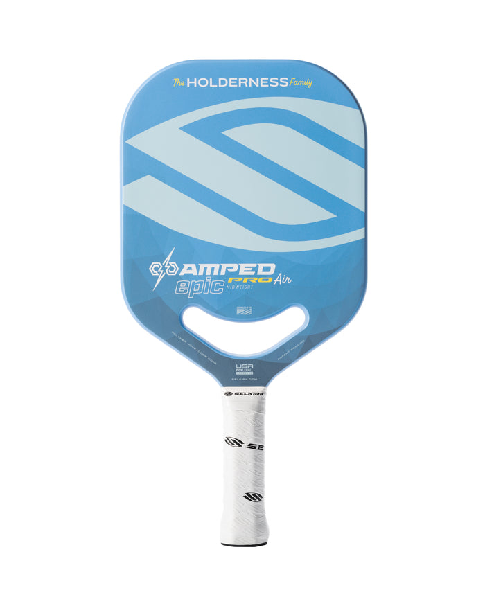 Blue Selkirk pickleball paddle, AMPED epic PRO Air MIDWEIGHT; 'The HOLDERNESS Family' on head; SELKIRK on handle