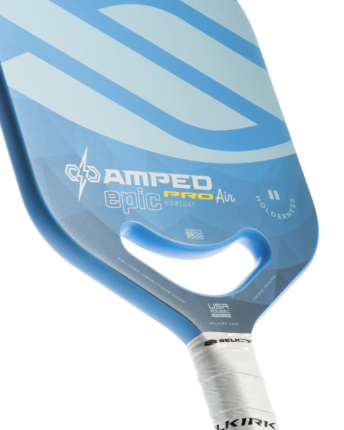 Blue Selkirk paddle with text: AMPED epic PRO Air MIDWEIGHT; USA PICKLEBALL; SELKIRK; HOLDENNESS