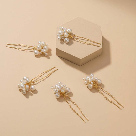 Clustered pearl hair pins on gold U pins, perfect for bridal buns, braids and festive updos