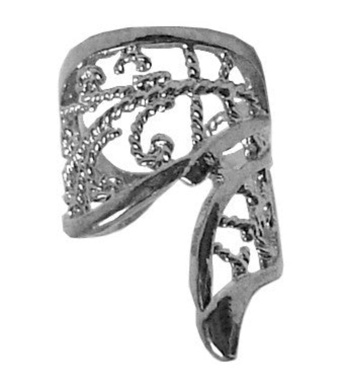 silver filigree ear cuff with curved wing-like design