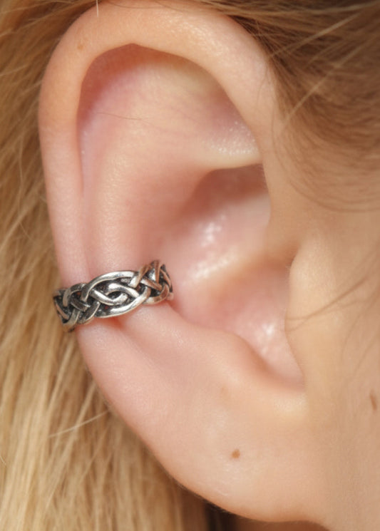 silver celtic ear cuff on ear