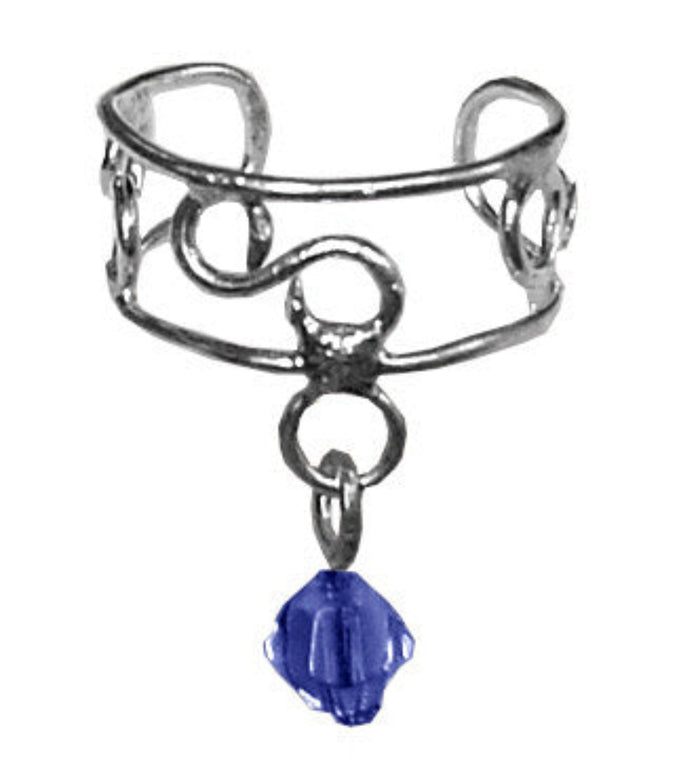 silver ear cuff with dangling blue bead non piercing adjustable jewelry front view