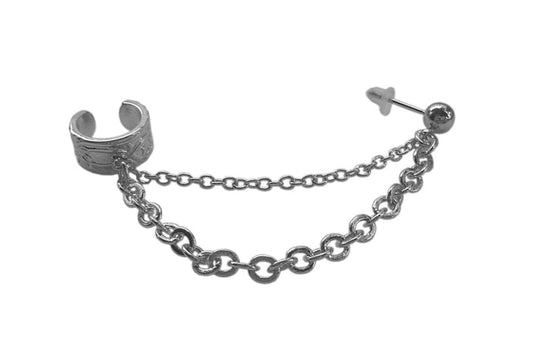 silver ear cuff with chain non piercing earring front view