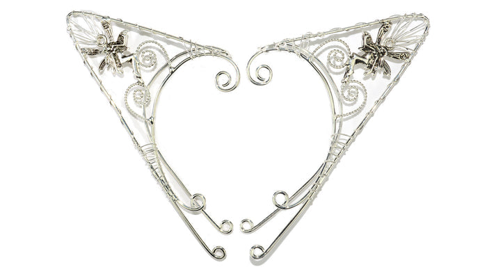 Silver fairy elf ear cuff set, wire wrap non-piercing elven ear jewelry, front view on white background