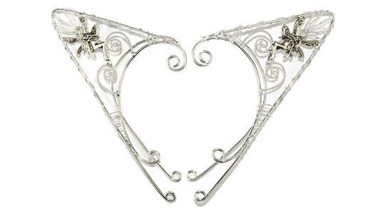 Silver fairy elf ear cuff set, wire wrap non-piercing elven ear jewelry, front view on white background