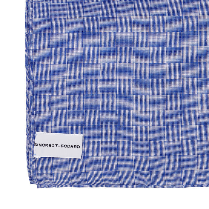 A KirbyAllison.com Simonnot Godard Blue Prince de Galles Pocket Square with hand-rolled borders.