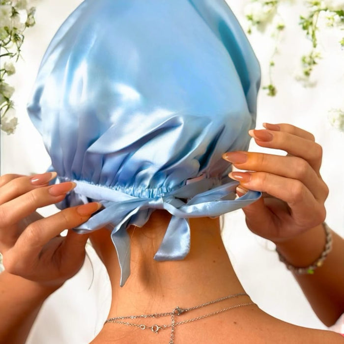 Sky Blue/Snow Pure Silk Bonnet: Adjustable, Reversible & Double Lined