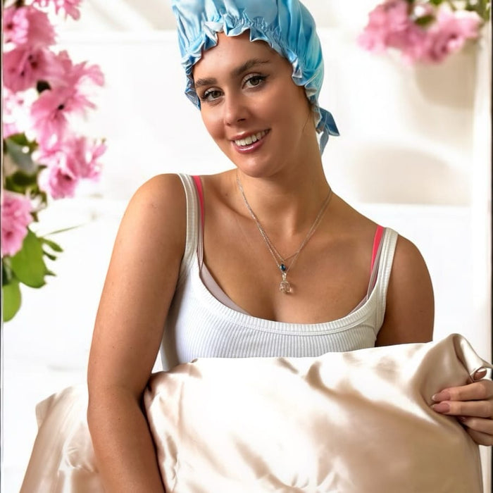 Sky Blue/Snow Pure Silk Bonnet: Adjustable, Reversible & Double Lined