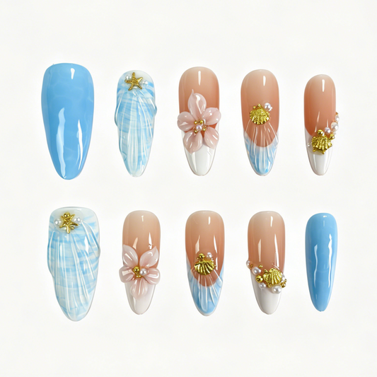 Long Almond Press On Nails, Summer Ocean 3D Flower Starfish Shell Pearl Fake Nail Set
