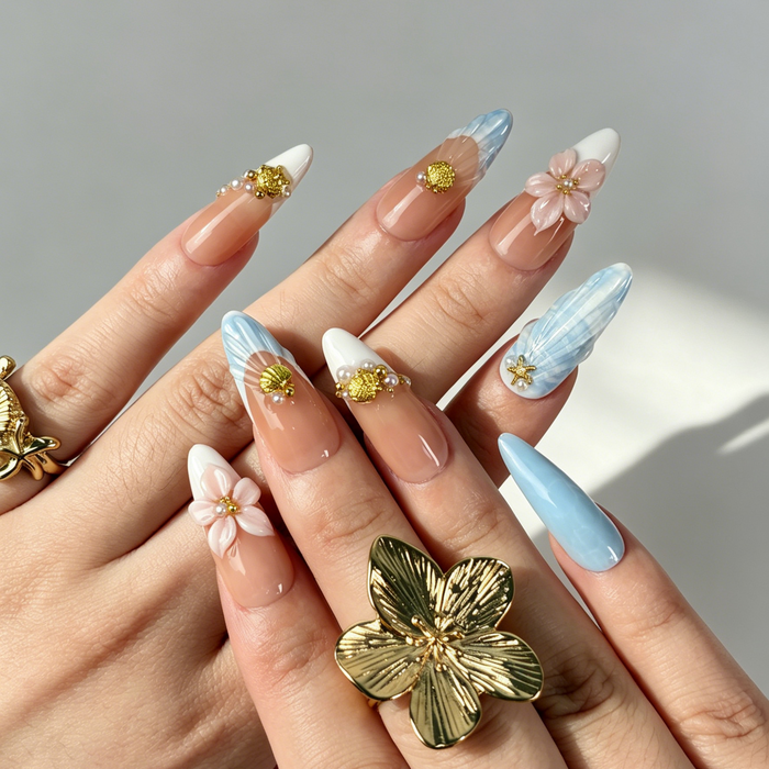 Blue Beach Gradient Press On Nails, Nude Floral Starfish Shell Nails on Hand