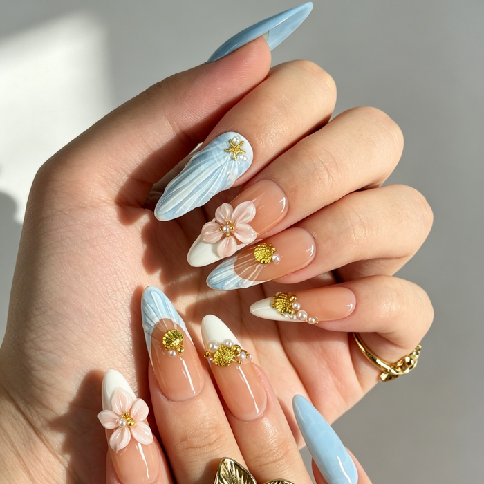 Close Up Ocean Nail Art, 3D Pink Flower Starfish Shell Pearl Decor