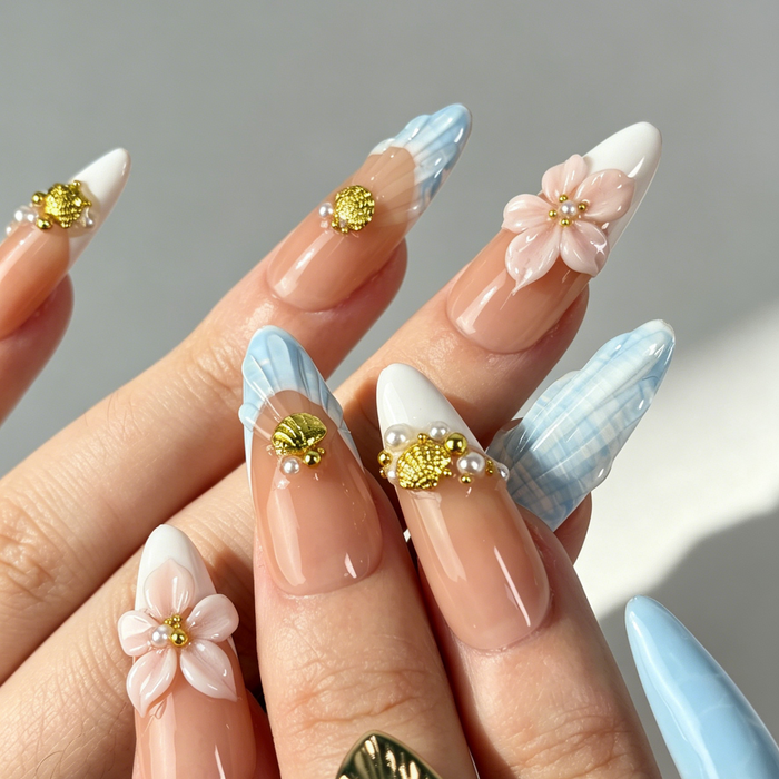 Coastal Floral Press On Nails, Long Almond Blue Nude Fake Nails
