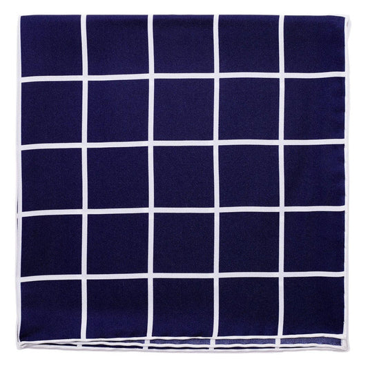 A Sovereign Grade Prince of Wales Pocket Square, Navy/White featuring a navy Prince of Wales pattern on a white background from KirbyAllison.com.