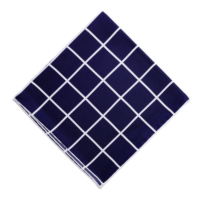 A Sovereign Grade Prince of Wales Pocket Square in navy and white by KirbyAllison.com, featuring a blue and white Prince of Wales pattern.