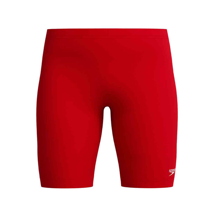 Speedo boys' Endurance+ logo jammer in high risk red, featuring a sleek design and Speedo branding for competitive swimming.