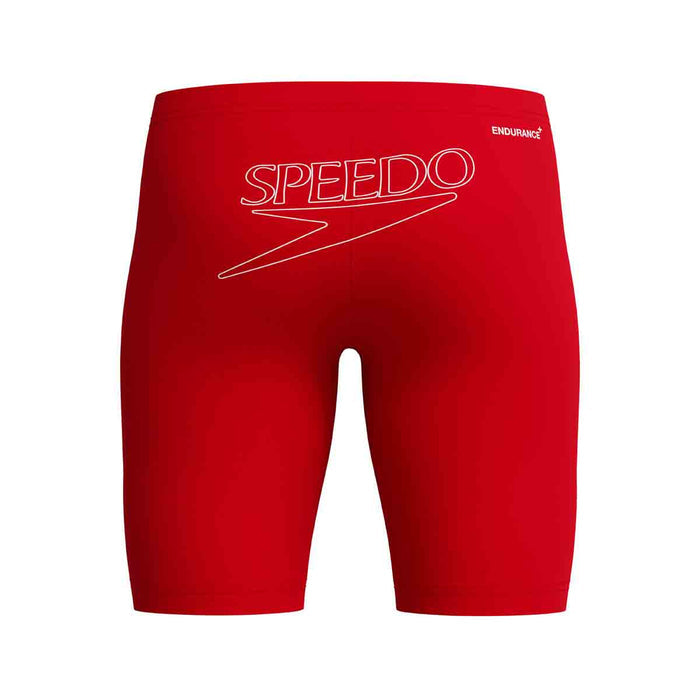 Speedo boys' Endurance+ logo jammer in high risk red, durable swim jammers designed for young swimmers.