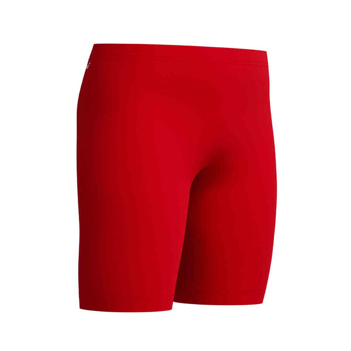 Speedo boys' Endurance+ Logo Jammer in High Risk Red, showing a snug fit and Speedo branding on durable swim jammers.