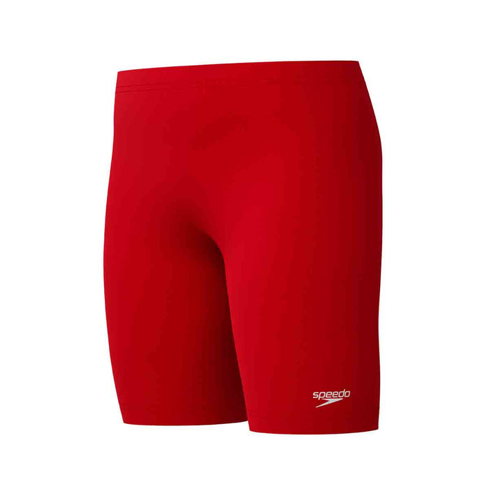 Speedo boys' Endurance+ logo jammer in high-risk red, featuring a sleek design and Speedo branding for competitive swimming.