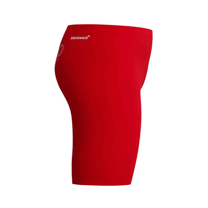 Speedo boys' Endurance+ logo jammer in high risk red, featuring a sleek design and Speedo branding for competitive swimming.