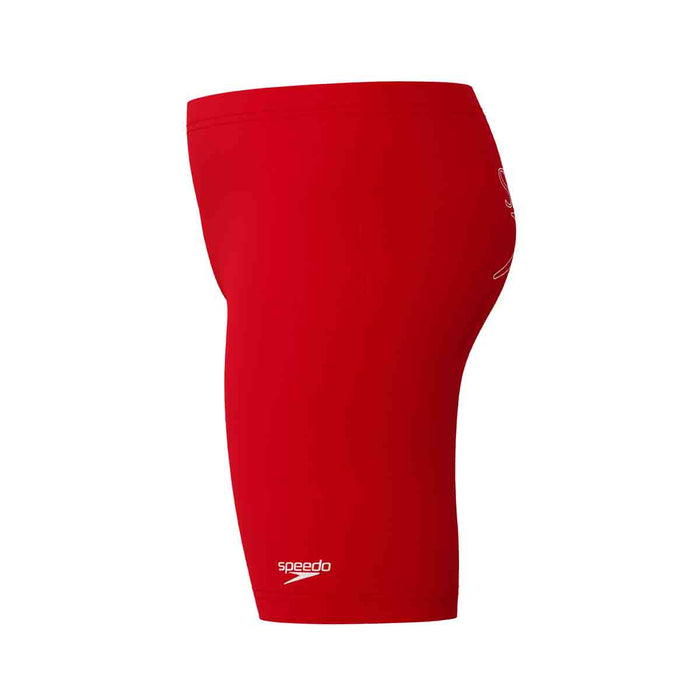 Speedo boys' Endurance+ logo jammer in high risk red, showcasing a sleek swim jammer with Speedo branding for young swimmers.