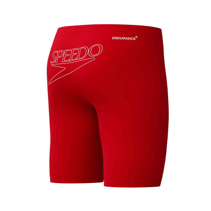 Speedo boys Endurance+ logo jammer in high risk red, featuring a sleek, snug fit for young swimmers.